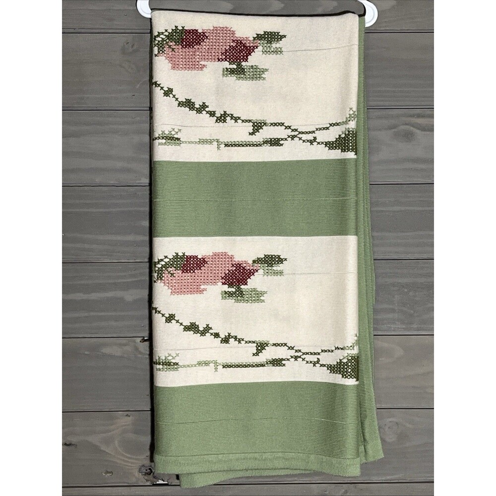 Simply Shabby Chic Throw Blanket Green Pink Roses Floral Cottage Core Soft